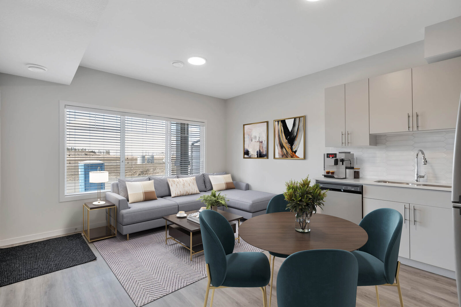 Boreal Drive legal one-bedroom suite living and dining area, virtually staged