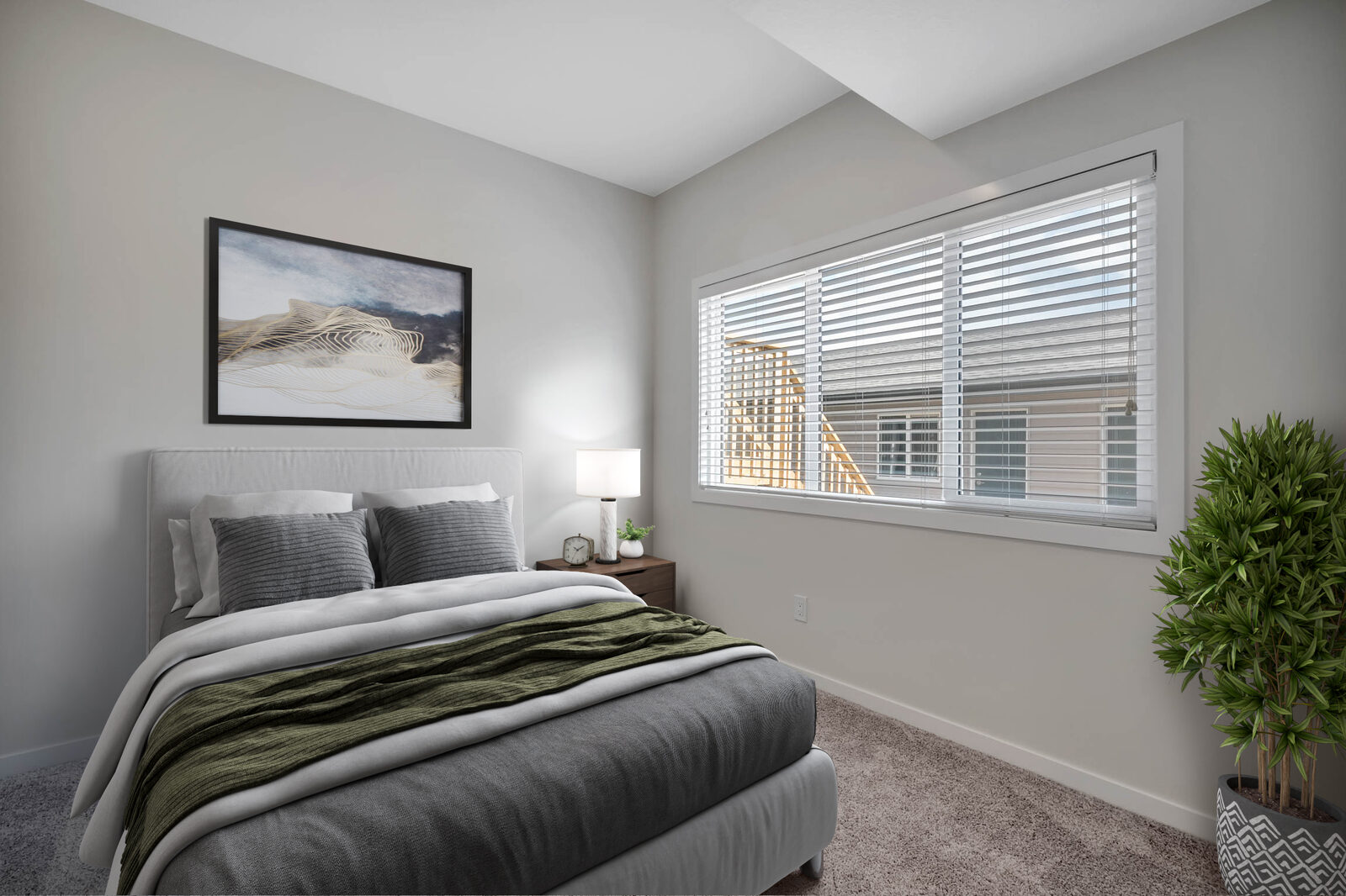 Boreal Drive legal one-bedroom suite bedroom, virtually staged