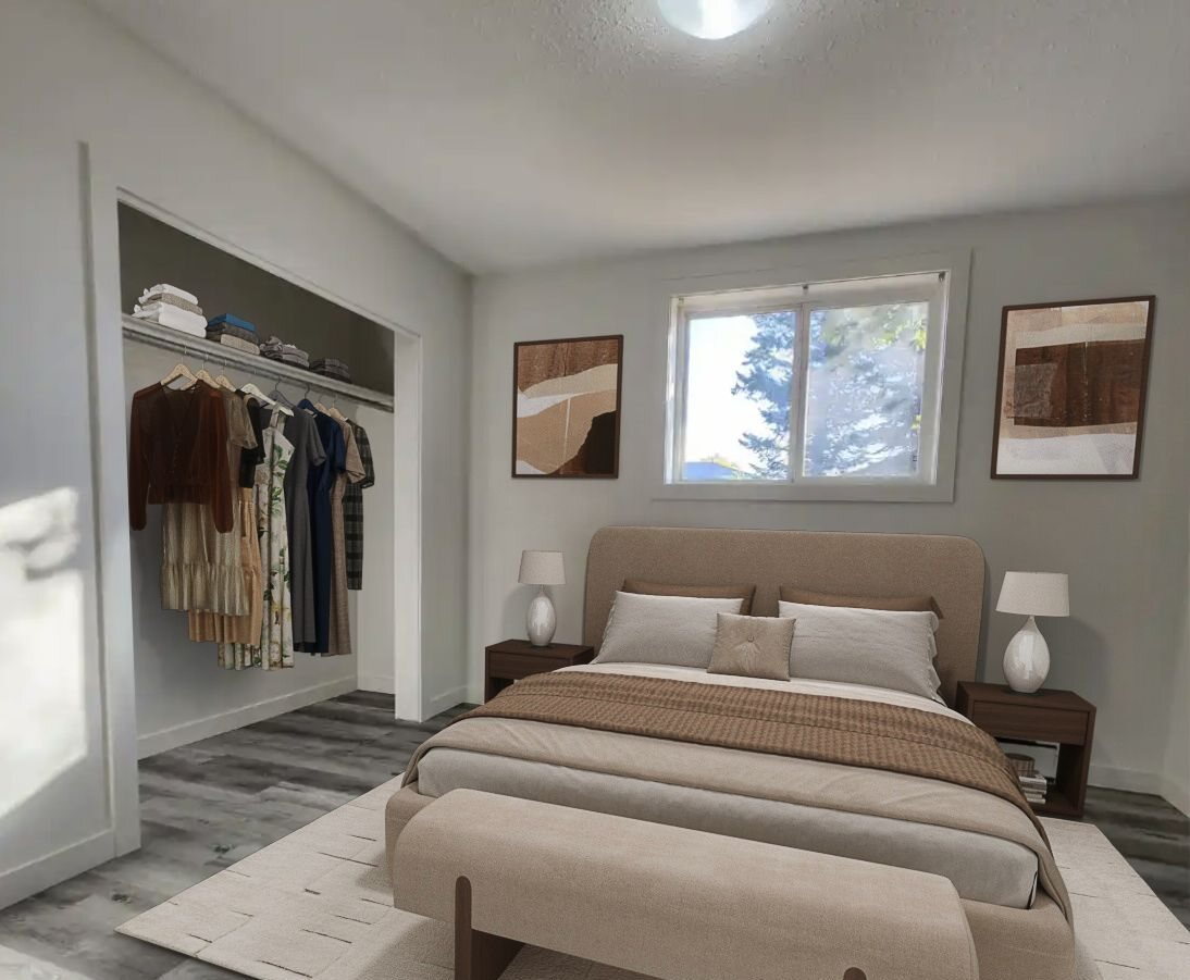 Bedroom, virtually staged with bed and nightstands