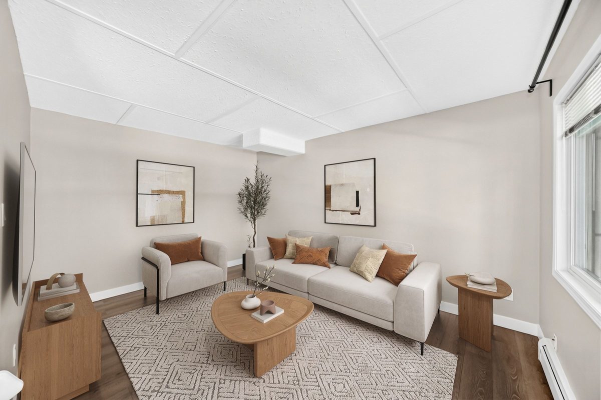 Virtually staged living room with sofa, armchair and rug